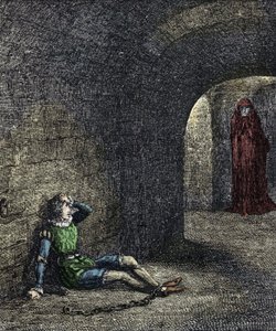 The spectre of the tower The prisoner chains in a dungeon sees a ghost before him. Illustration for The tower of london by William Harrison Ainsworth 19th century by Unknown artist