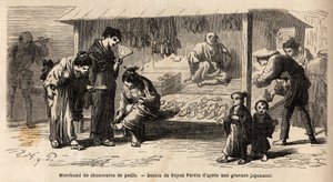 The stamp of a straw shoe dealer, with different customers, a woman who tries a pair with her friends, and a father who takes care of her child. Engraving to illustrate the voyage to Japan, in 1863-1864, by Aime Humbert, minister of the Swiss Confederation by Unknown artist