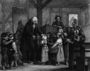 The students of a class come together to give flowers to their school teacher on his birthday. Engraving of the 19th century by Unknown artist