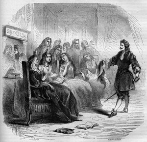 The writer Georges de Scudery during a literary salon organized by his sister, Madeleine de Scudery, in 1650. Engraving from 1860-1861. by Unknown artist