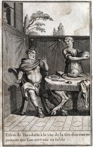 Theodoric the Great, king of the Goths, is frightened at the sight of the head of a huge fish serving on his table. Engraving in 