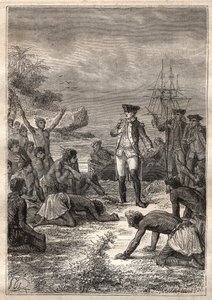 Third voyage (1776-1779) by Captain James Cook: Cook is welcomed by the natives (Hawaii) - illustration taken from The Great Mariners of the 18th century by Unknown artist