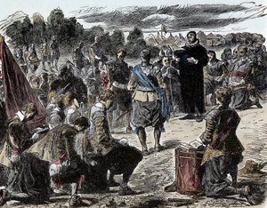 Thirty Years War: Swedes at Prayer before the Battle of Luetzen - King Gustave II Adolphe of Sweden and his troops gather for a religious celebration before the Battle of Lutzen by Unknown artist