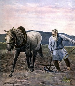 Tolstoy plowing. Engraving late 19th century.