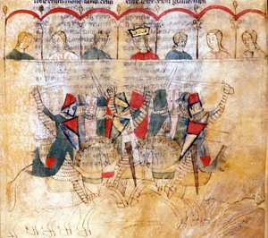Tournament scene (detail) after the manuscript Lancelot du Lac, 13th century. Biblioteca Nazionale Marciana Venice by Unknown artist