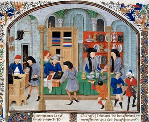 Trade Scene: Merchants in a Shop Present Tableware and Silverware to Their Customers. Miniature taken from an edition of “Ethical, Political and Economic” by Aristotle