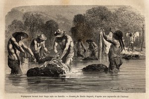 Travellers washing laundry in the river with Bolivian peons near Maniri (Lower Peru). Engraving illustrating a voyage in the valleys of Quinquinas by Paul Marcoy, published in 