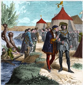 Treaty of Conflans on 5 October 1465 between the King of France Louis XI and Charles de Charolais ending the revolt of nobles or League of Public Good. Engraving in 