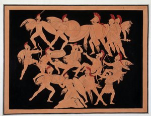 Trojan War - in the center: Menelas defends the body of Patrocles from his shield, Ajax armed with an axe strikes Hippothous, Merion unleashes his arrows, attacks the Trojans to take the body of Patrocles by Unknown artist