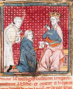 Two messengers announce to Charlemagne the victory over the Saracens. Miniature from 