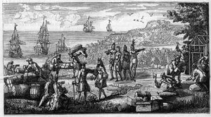 Unbarking of supplies in the French colonies of America. Pen drawing places a head of a memoire of Vauban on 