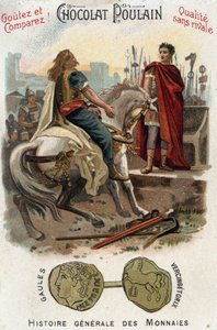 Vercingetorix (72-46 BC), leader of the Gallic rebellion, lays down arms at the feet of Caesar (100-44 BC), after definitively losing the city of Alesia - In General History of Coins - Chocolate-Foal Chromolithography of the late 19th century - Private Col by Unknown artist