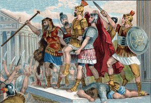 Vespasian (in Latin Titus Flavius Vespasianus) (9-79) was proclaimed emperor by his soldiers. Chromolithography around 1890 by Unknown artist