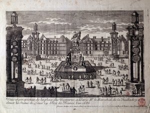 View of Place des Victoires in Paris with the statue of Louis XIV raised by the marechal de la Feuillade in 1686. Engraving of the 17th century Paris, Musee Carnavalet