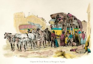 View of a diligence of the Grand Bureau or the Royal Messageries, service instituted by Anne Robert Turgot: loading passengers baggage. Engraving of the 19th century by Unknown artist