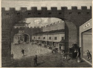 View of a street in the city walls of Guangzhou, China. Engraving in 