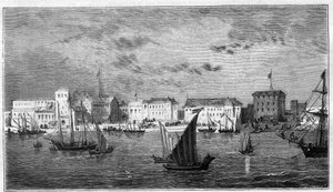 View of the city of Zanzibar in Africa. On the left, the French consulate. On the right, the sultan