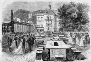 Visit of Emperor Francois-Joseph and Impress Elisabeth of Austria (Sissi) with Eugenie, Impress of the French and Napoleon III to the imperial residence of Hellbrunn in Austria on August 21