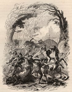 War of the Gauls: Battle of Aduatuca between the Belgian people of the Eburons and the Roman army. Defeated Quintus Titurius Sabinus and Lucius Aurunculeius Cotta in 54 BC. Engraving from 1868 in 