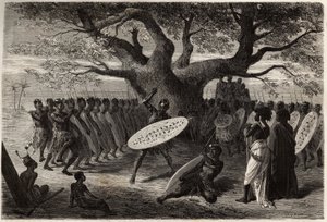 Warrior exercises of the Landines or caffres-zulus, a Sena. Engraving to illustrate Dr. Livingstone