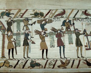 Weapons and wine are brought to the ships during the refuelling for the conquest of England by the fleets of William the Conqueror in 1066 (detail of the Bayeux Tapestry) by Unknown artist