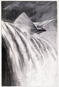 Winged vehicle crossing a waterfall, illustration 