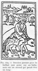 Witch leaving for the Sabbath not on a broom, but on an animal that seems to be a wolf