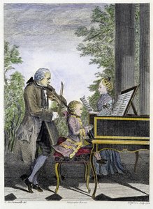 Wolfgang Amadeus Mozart child on piano surrounded by his father Leopold on violin and his sister Marianne on singing - engraving