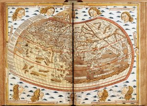 World map of Claude Ptolemy. The human heads blowing air represent the different winds. In 