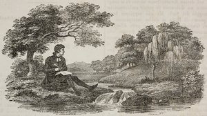 Writer under tree in front of stream, illustration from Teatro universale, Raccolta enciclopedica e scenografica