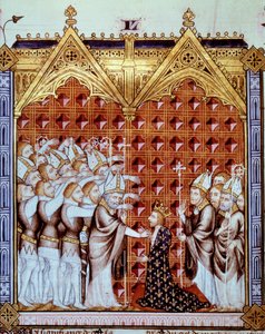 Anointing the king of France, in the presence of bishops and his barons. Miniature in Rational des divins offices (folio 44v)