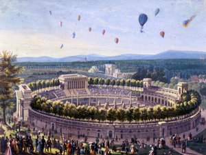Balloon event in Milan in 1830. Anonymous aquarelle from 1830