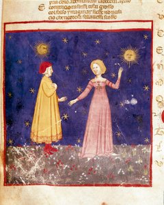 First heaven: Dante meets Beatrice in Paradise. Illuminated page illustrating a song of Paradise from the 