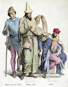 11th century costumes: The man with the stick, the rich Jew and the knight - engraving of the 19th century