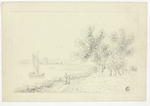 A Harbor with a Sailboat by Unknown artist