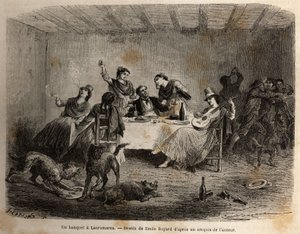 A banquet in Lauramarca (Lower Peru), a man surrounded by Indian women, is served and pampered, while, taking advantage of his distraction, his servants clash without his knowledge. Engraving to illustrate the voyage in the valleys of Quinquinas (Peru) by Unknown artist