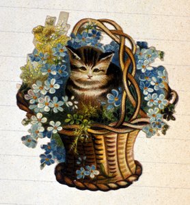 A cat in a basket of flowers. 19th century chromolithography. by Unknown artist