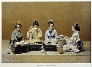 A dining room in Japan: women eating rice with chopsticks and one of them serving tea by Unknown artist