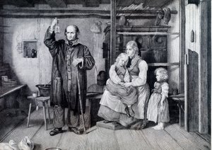 A Doctor Examining a Bottle, Probably a Urine Vial, During a Visit to a Mother and Her Two Children Living in Poverty