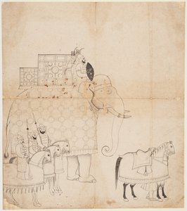 A Drawing of Caparisoned Elephant and Horses by Unknown artist