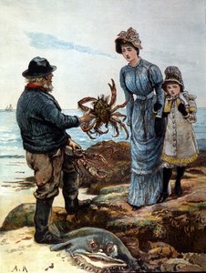 A Fisherman Shows a Mother and Daughter a Big Crab by Unknown artist