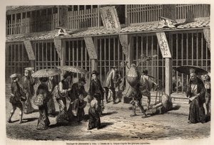 A pharmacy shop in Yedo (or Edo, present-day Tokyo), the pharmacist works with his help before the eyes of the public, protected by a wooden lacquer grid, in front of which the barges wait on the street to be served and then pay by passing the money throug by Unknown artist