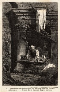A shoemaker, who set up his shop and works in ancient ruins. Engraving to illustrate the voyage to Rome, by Francis Wey, in 1864-1868, published in 