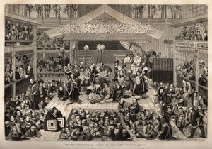 A stage of the Japanese theatre, in Yokohama, with three galleries for the reception of spectators; the actors play on a high stage, each accompanied by a man holding a long stick at the end of which a candle is held; during the performance, it is not unco by Unknown artist