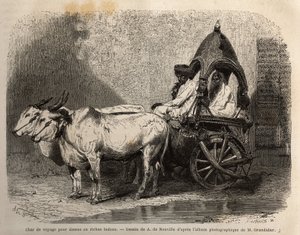 A travel tank fired by two white oxen, for ladies or Hindus wealthy. Engraving to illustrate the voyage in the meridional provinces of India, by Alfred Grandidier, in 1862-1864, published in le tour du monde, under the direction of Edouard Charton by Unknown artist