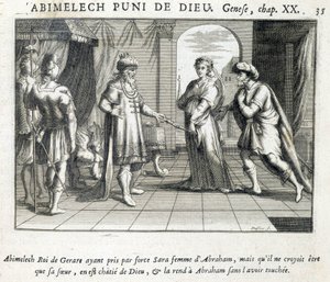 Abimelech gives Sarah to Abraham - Bible, engraving