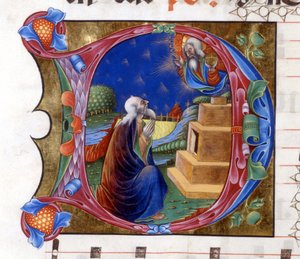 Abraham is invited by the Lord to leave his land. Miniature from a 15th century choir (