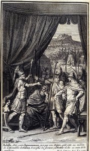 Achilles, Irritated Against Agamemnon, Swears by His Scepter Not to Help the Greeks; Nestor Tries in Vain to Appease Them (Illustration for Book I of the Iliad of Homer)