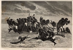 After having taken its share and the share attributed to the leader of the Hamran tribe, the crowd is brutally fighting over the remaining pieces. Engraving to illustrate the exploration of the Abyssinian tributaries of the Nile, by Sir Samuel W. Baker, in