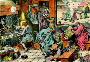 Alchemy Laboratory. An Alchemist Consulting a Grimoire. Engraving of the 16th Century. Private Collection